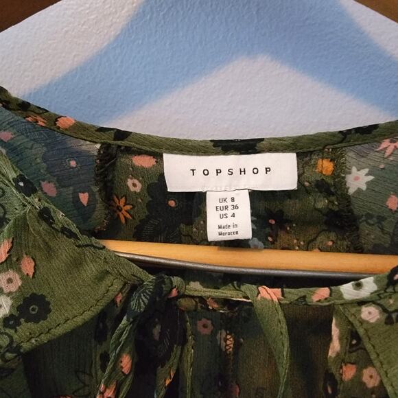 Nordstrom Topshop Floral Sheer Green Ruffle Top Blouse Size 4 Small - Picture 6 of 7